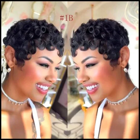 Short Curly Pixie Wig Human Hair Glueless Wear and Go Layered